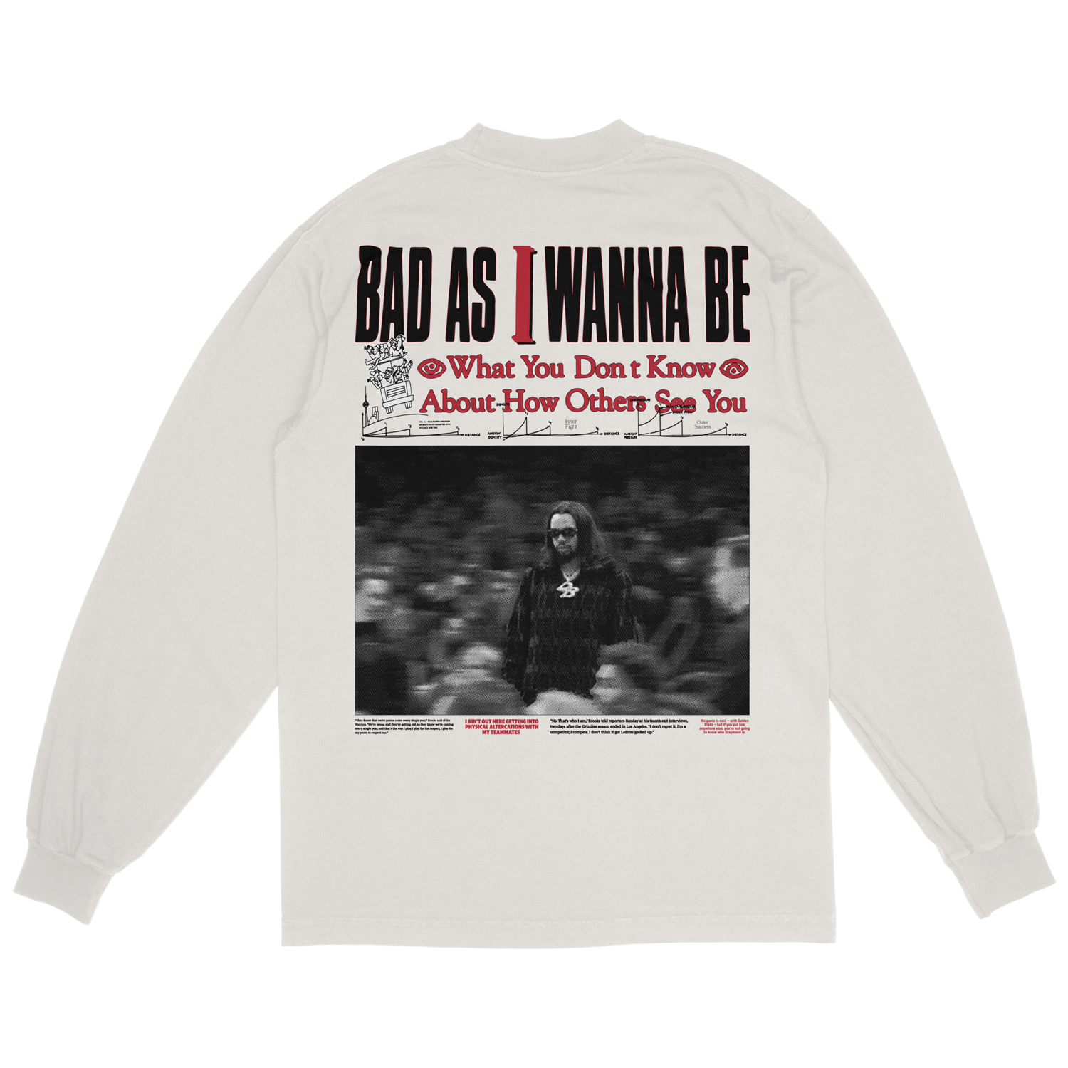 back side of white longsleeve shirt with the text "bad as i wanna be" and "what you dont know about how others see you" and an image of dillon brooks