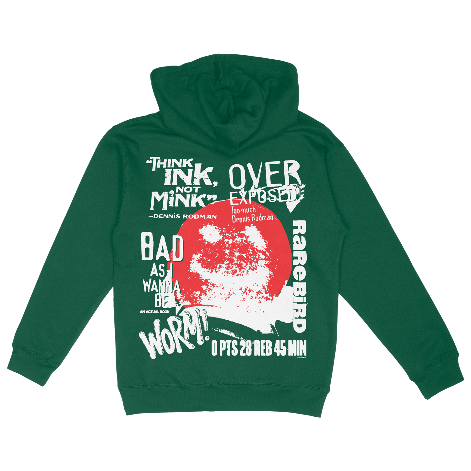Back of the green hoodie featuring a screen-printed image of the back of Dennis Rodman's shaved head with a smiley face design. The design also includes Dennis Rodman quotes and headlines, adding a distinctive and expressive touch to this unique piece of sports and pop culture-inspired apparel.