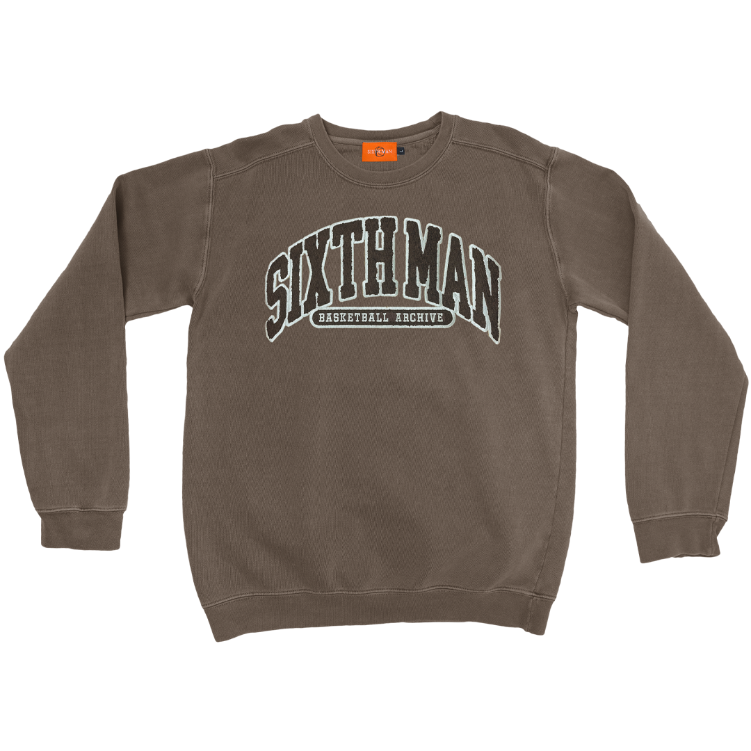 brown crewneck with patch that says sixthman basketball archive 