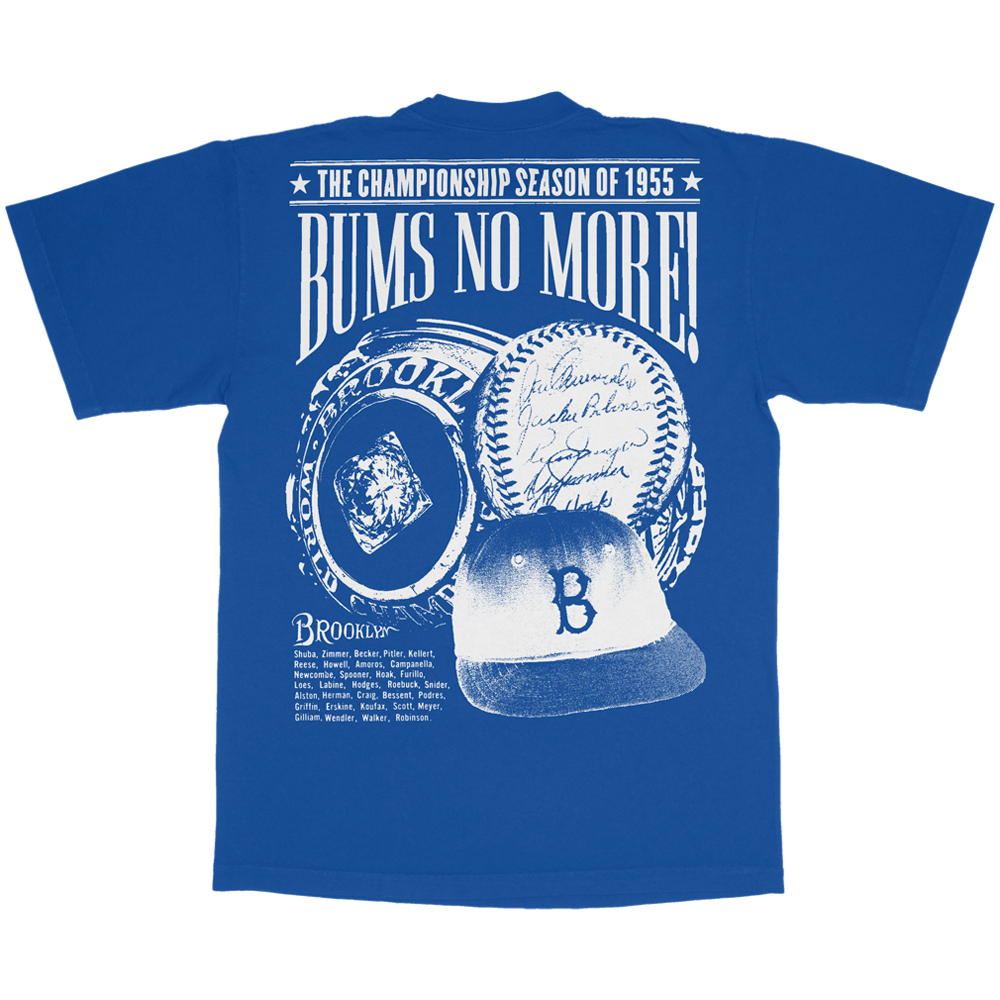 Vintage inspired Brooklyn Dodgers t-shirt featuring 1955 championship theme with famous slogan 'bums no more'