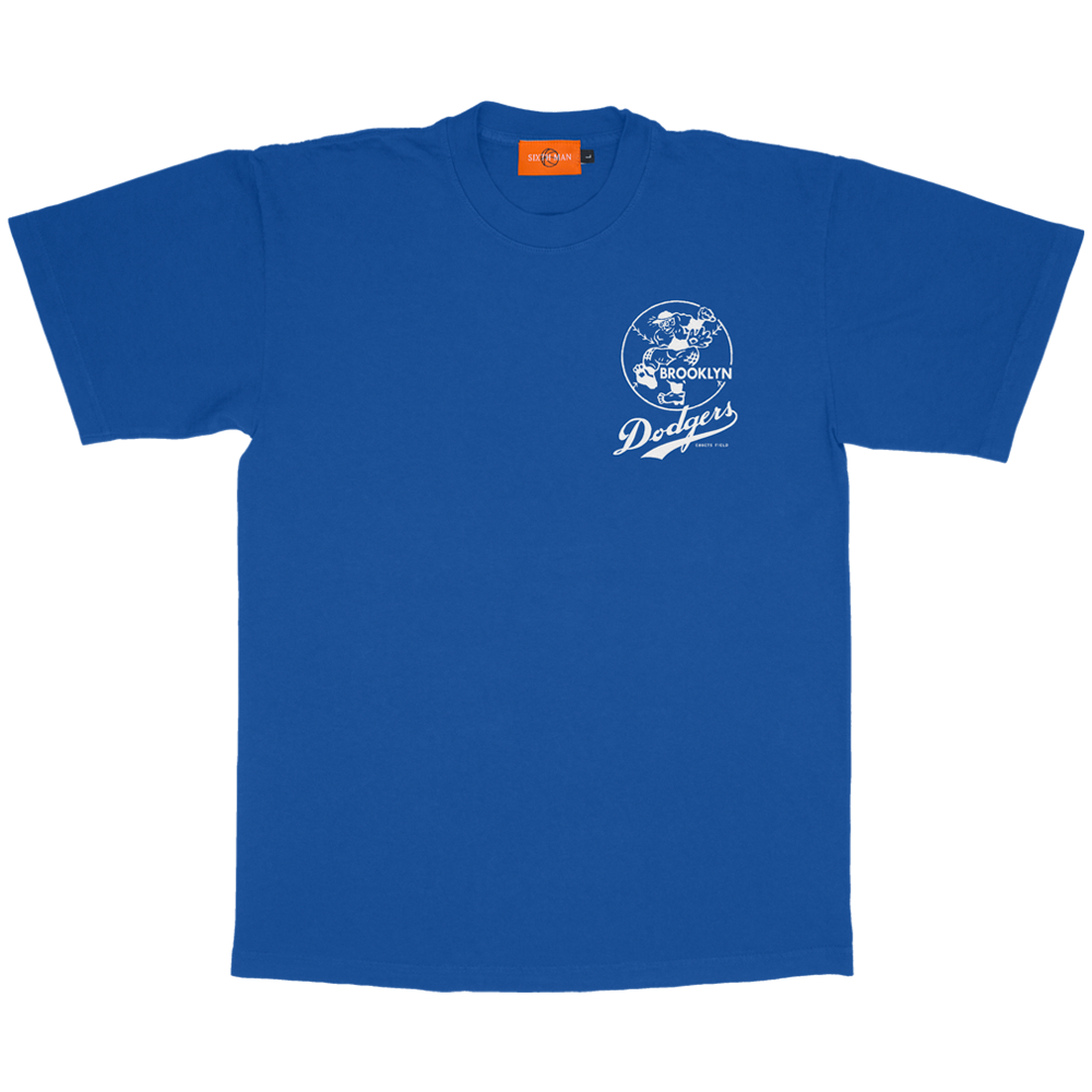 Vintage inspired blue t-shirt with screen printed Brooklyn Dodgers logo