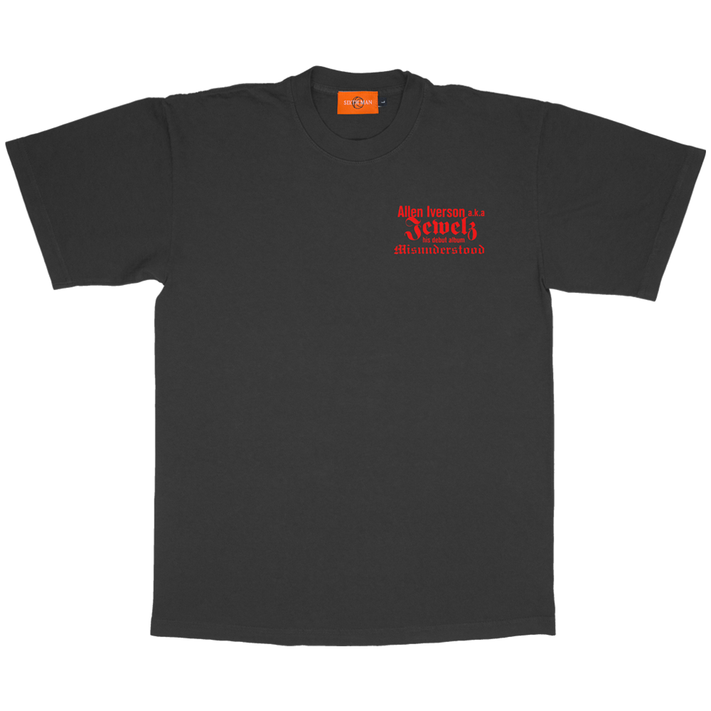 Black t-shirt with red text of Allen Iverson aka Jewelz his debut album Misunderstood