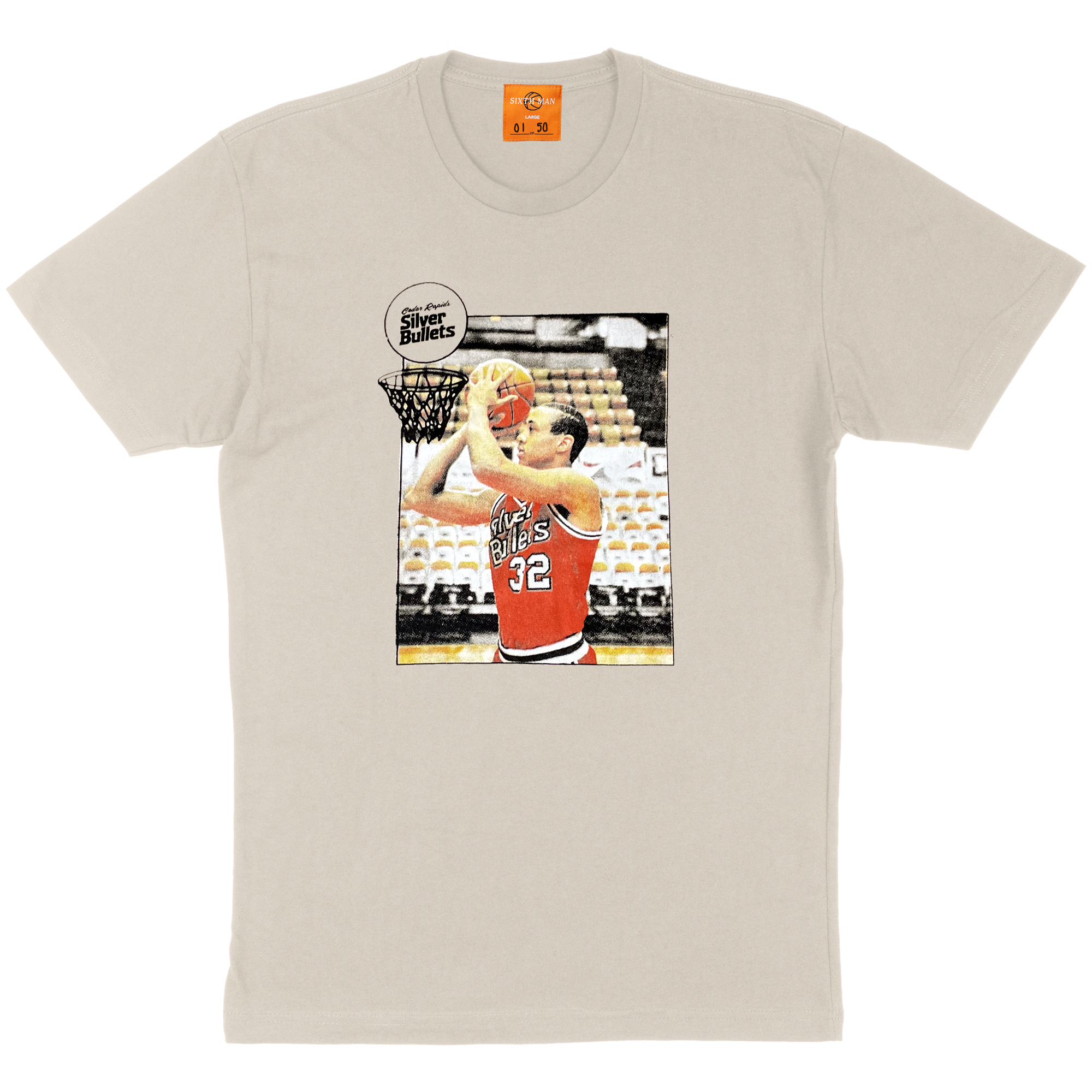 cream colored t-shirt featuring an image of NBA player John Starks in action on the court. 
