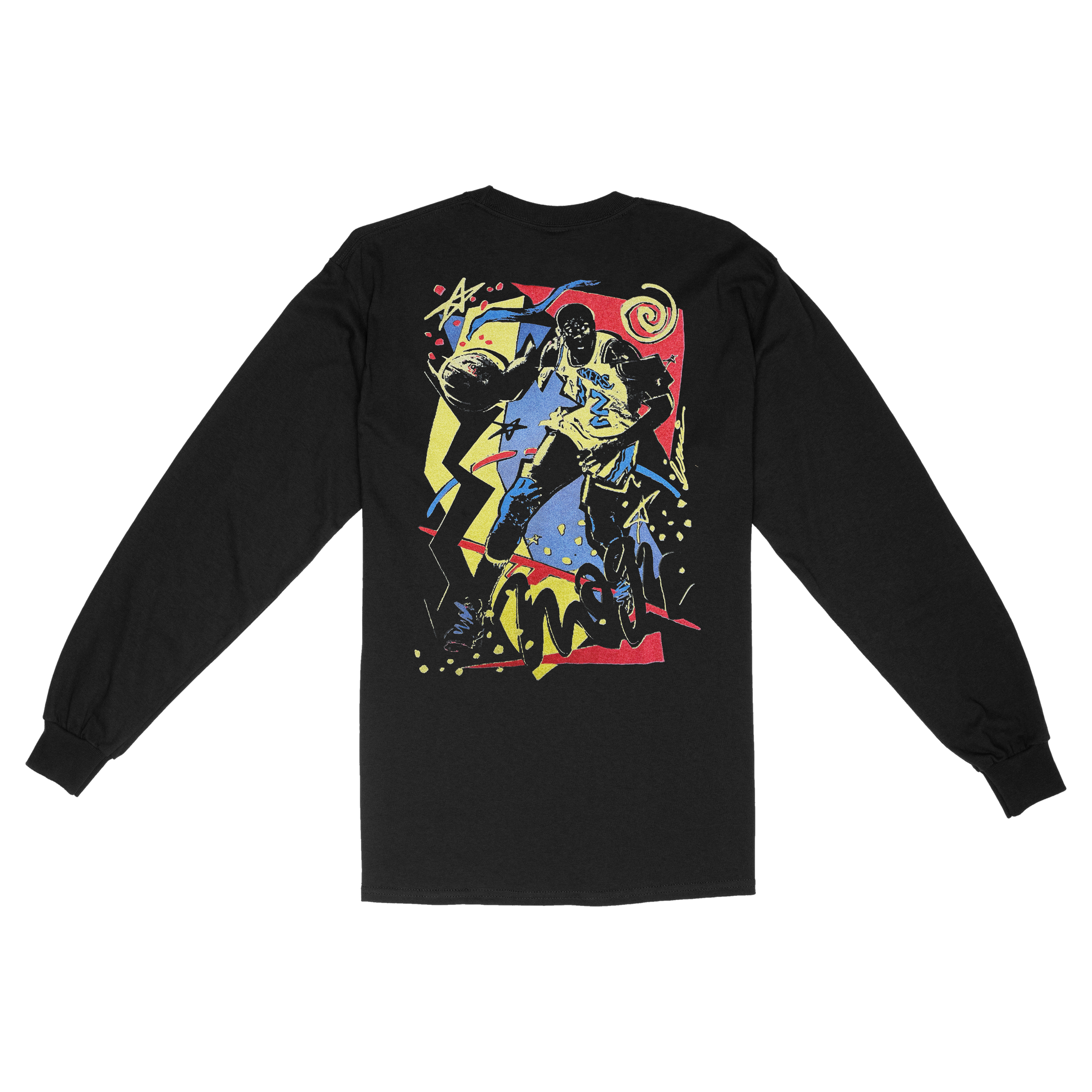 back side of longsleeve shirt with graphics of magic johnson playing basketball