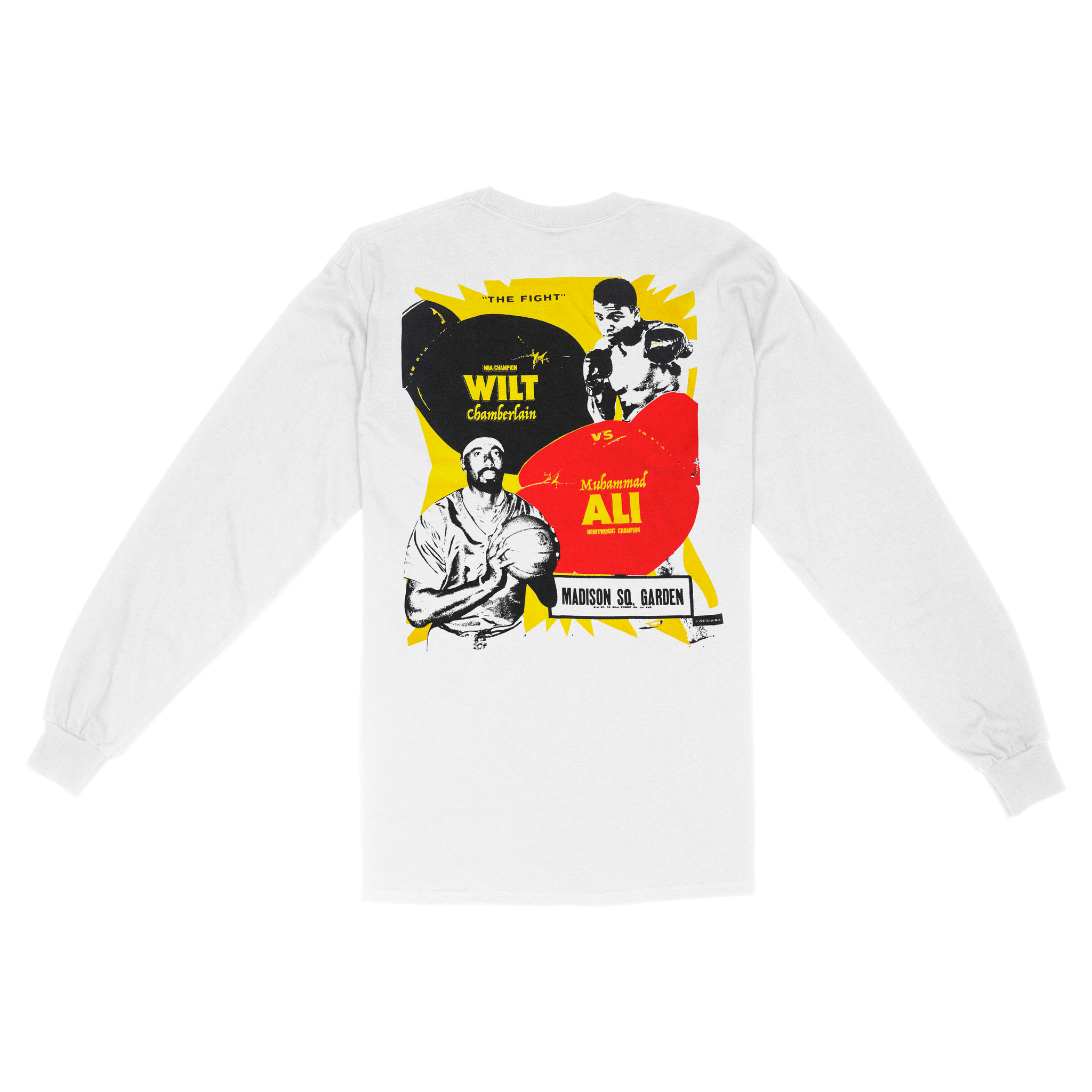 White long sleeve shirt with a black and white image of Muhammad Ali and Wilt Chamberlain. In yellow text it says "NBA Champion Wilt Chamberlain" and "Muhammad Ali Heavyweight Champion" 